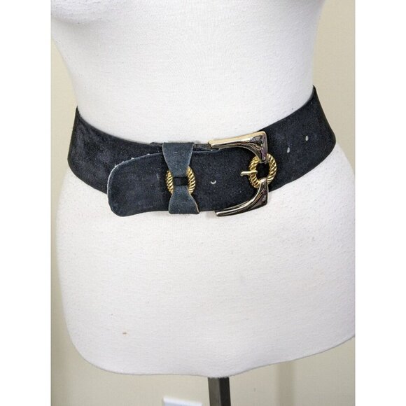 Vintage Womens Leather Belt Black Velvet Upper 28 in- 32 in Gold Buckle Med Wide - Picture 5 of 6